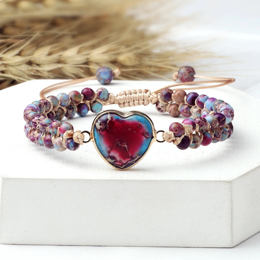 

Emperor Stone Heart-Shape Pendant Beaded Bracelets Natural Stone Women Bohemia Chakra Braided Bracelet for Men Handmade Jewelry