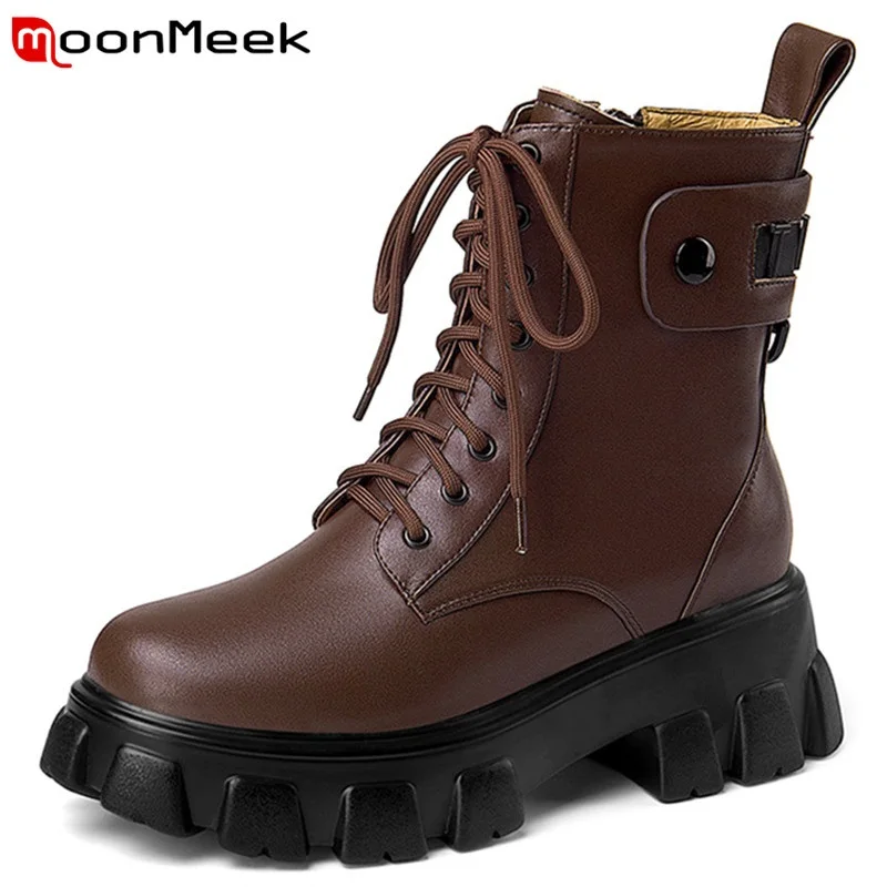 

MoonMeek 2022 Cow Leather Shoes Zipper Lace Up Ankle Boots Buckle Retro Women Boots Winter Thick Heels Platform Casual Hand Made