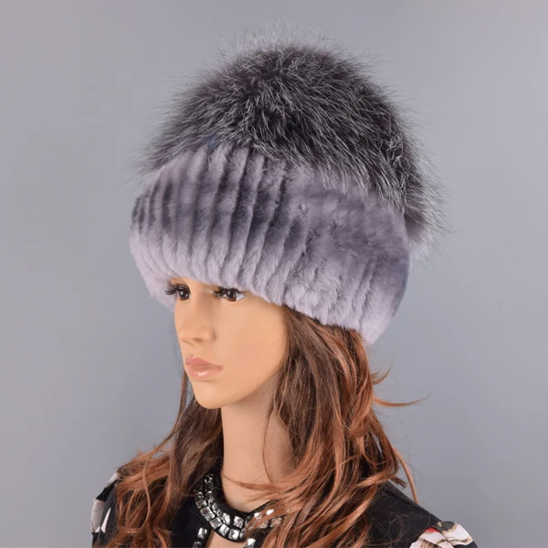 winter women hats fox rabbit fur pompom skullies beanies warm elastic fashionable fluffy thick outdoor stylish natural fur hats - Цвет: Color 04