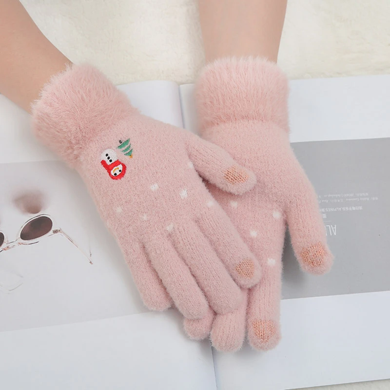 

Зимние теплые мягкие пушистые женские перчатки с пальцами для сенсорного экрана милые варежки с вышивкой снеговика вязанные перчатки пода...
