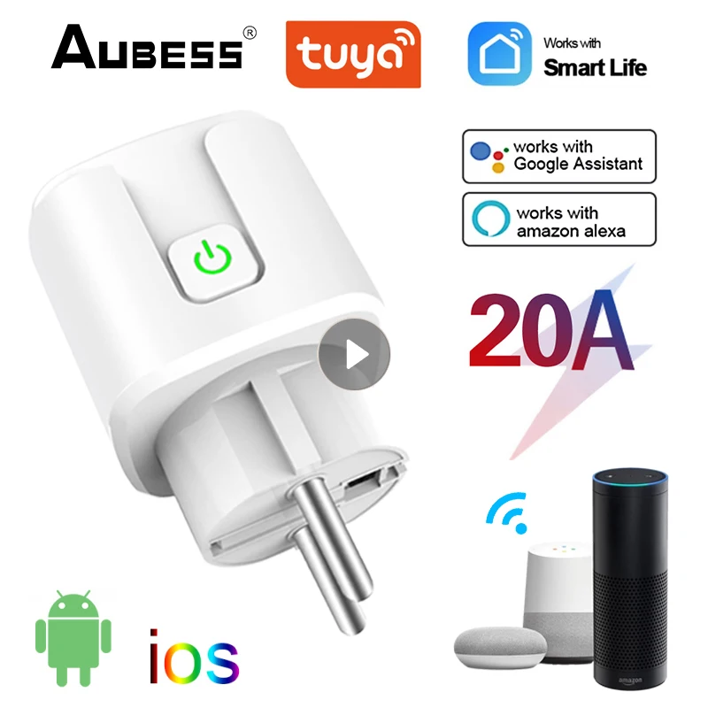 

Aubess 20A EU Plug Tuya WIFI Smart Sockets Power Monitor Timer Power Outlets Via Alexa Google Assistant Remote Voice Control