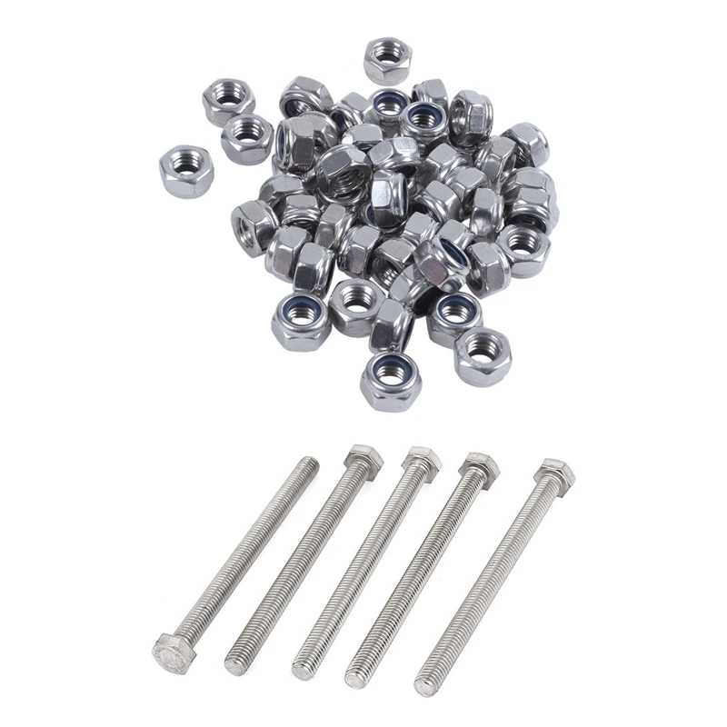 

50 Pcs Hex Nylock Lock Nut M8 8Mm & 5 Pcs M8 X 100Mm A2 Stainless Steel Fully Threaded Hex Head Screw Bolt