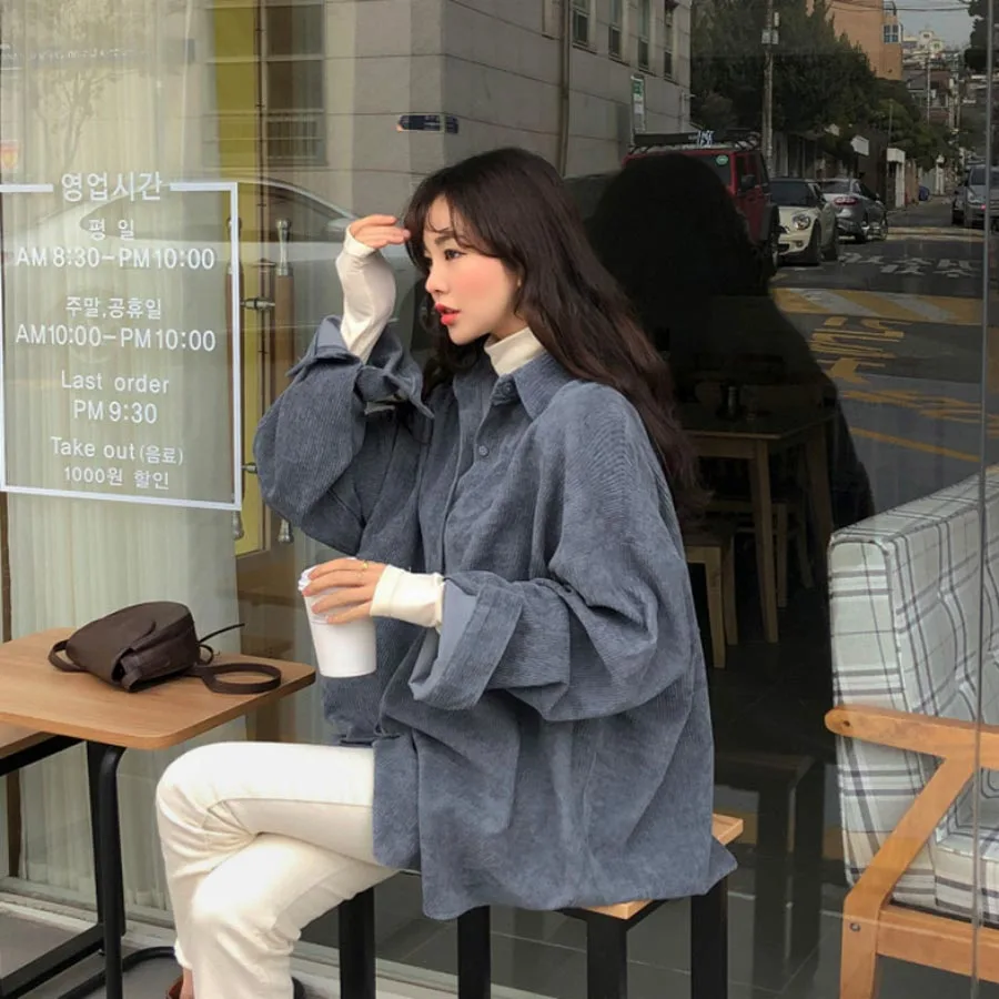 

DIOROBBEN Women Autumn Long Sleeve Corduroy Shirt fashion button turn-down collar women tops casual loose plus size thicken coat