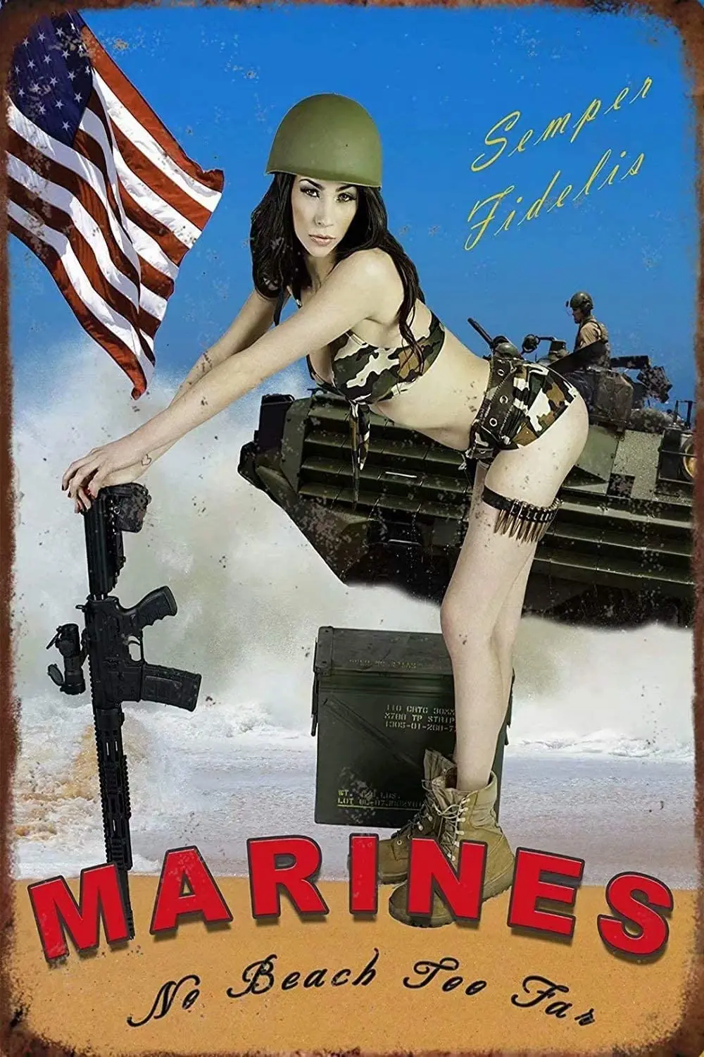 Металлический знак Ретро Оловянная живопись Военная красота война девушка 8x12