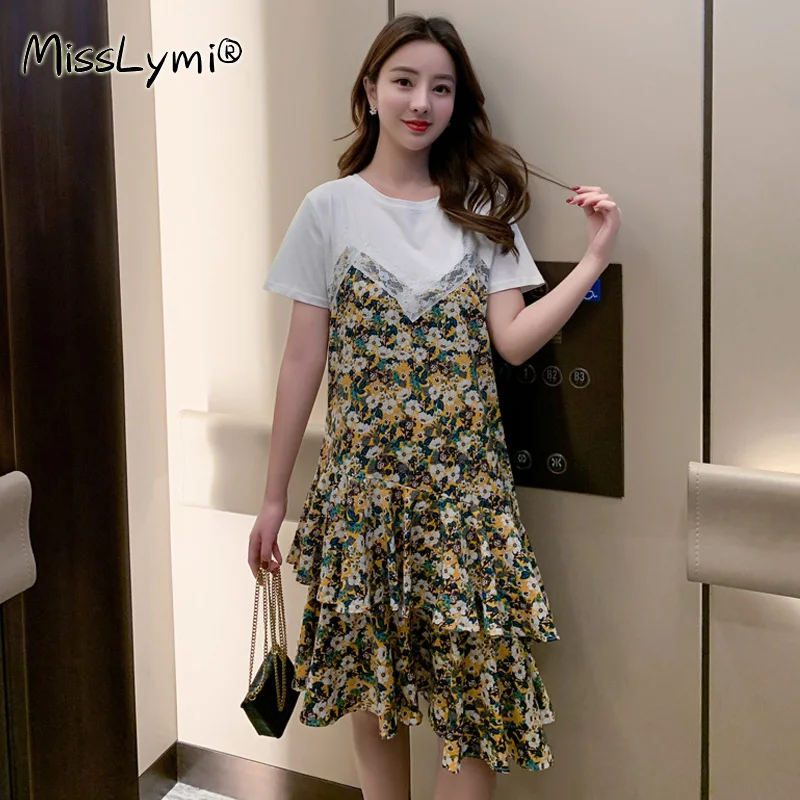 

4XL Plus Size Women Floral Chiffon Dresses Summer 2021 Fashion Cotton Short Sleeve Lace Patchork Flower Print Loose Ruffle Dress