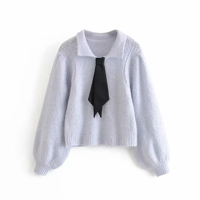 

Autumn Lantern Long Sleeve Tie Stylish Tops Jumper Turn Down Collar Loose Sweater Female Fashion Lady Solid Pullover Sweater