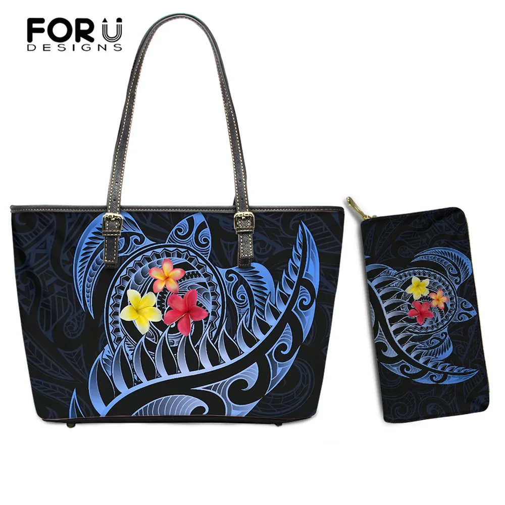 

FORUDESIGNS 2021 Hot Sales Fashion Women Leather Handbags And Wallet 2Set Maori Turtle Silver Fern 3D Printed Female Casual Tote