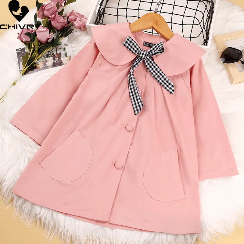 Spring Autumn 2022 Girls Long Coat Fashion Long Sleeve Lapel Single-breasted Bow Solid Windbreaker Coat Baby Girl Trench Outwear