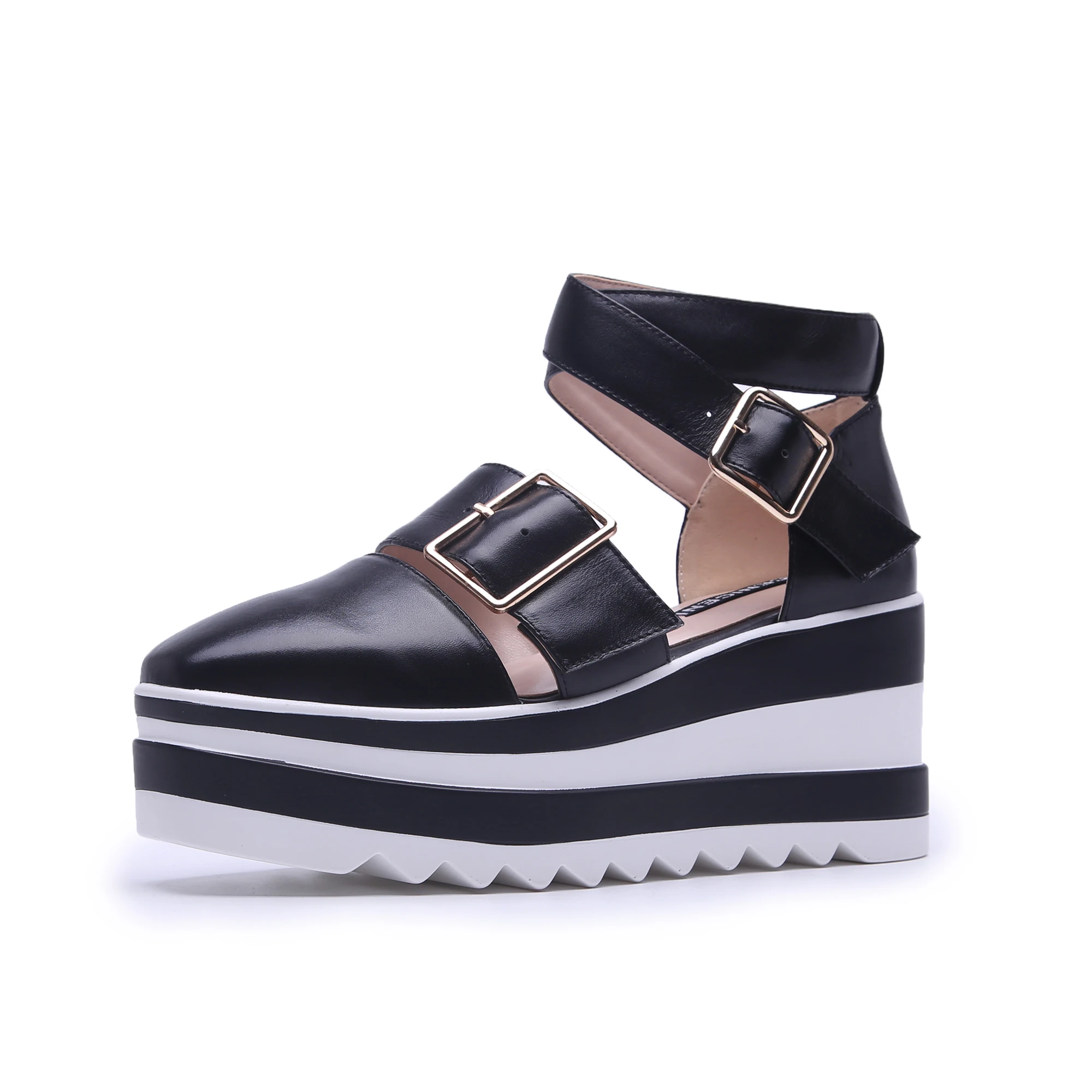

Women's genuine leather wedge platform sandals metal buckle fashion summer thick sole casual footwear ankle strap leisure shoes