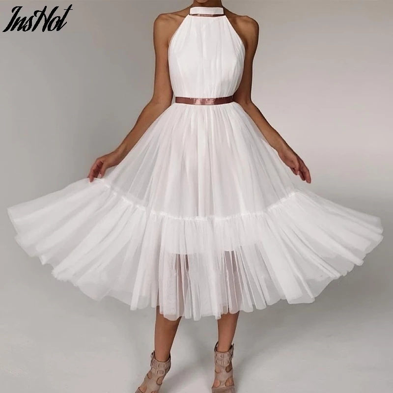 Платье миди женское Сетчатое с лямкой на шее открытой спиной и завышенной