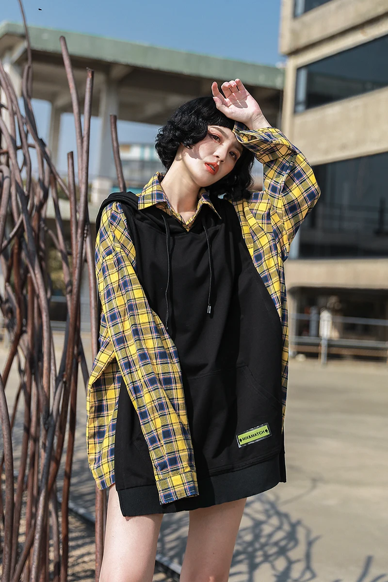 

Yellow Plaid Patchwork Shirt Women Hooded Sweatshirt Fake Two Piece Korean Fashion Streetwear Irregular Oversized Hoodies Women