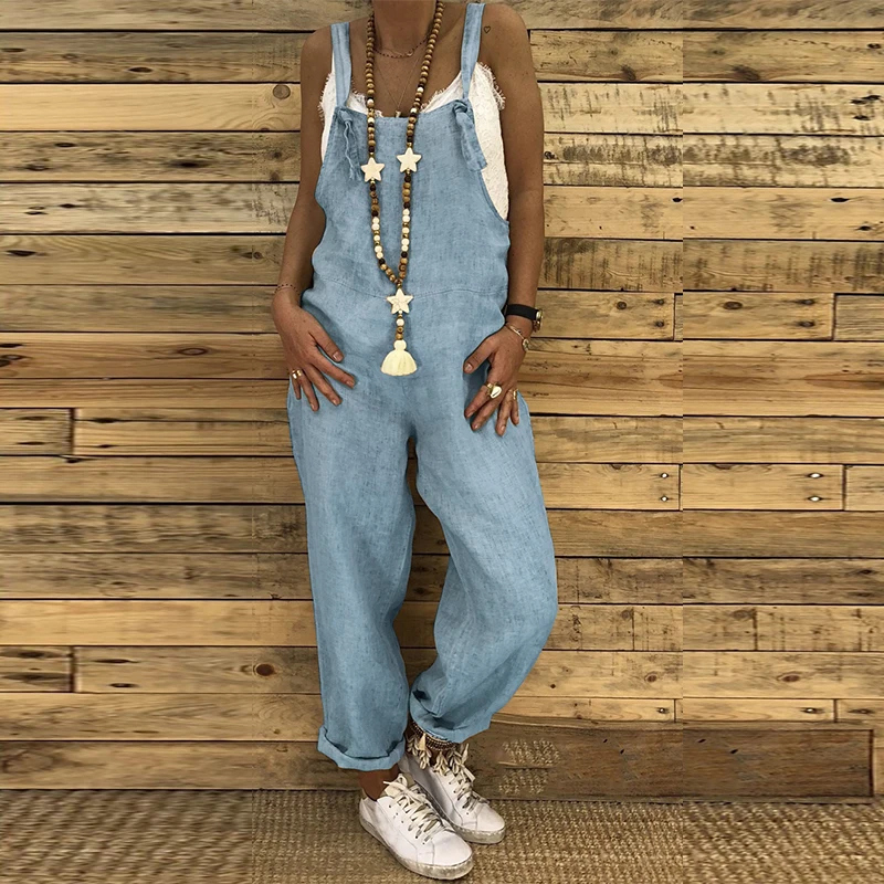 

2021 Linen Loose Jumsuits Women Square Sleeveless Solid Ladies Vintage Overalls Female Long Summer Street Rompers Plus Size