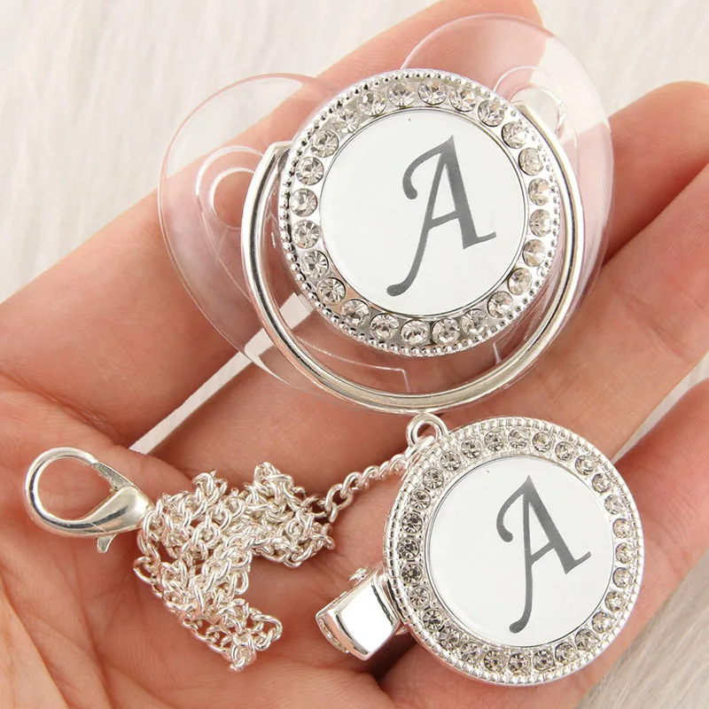 

26 Letters Silver Transparent Baby Pacifier with Clip Newborn BPA Free Luxury Bling Dummy Nipple Soother Chupeta 0-12 Months