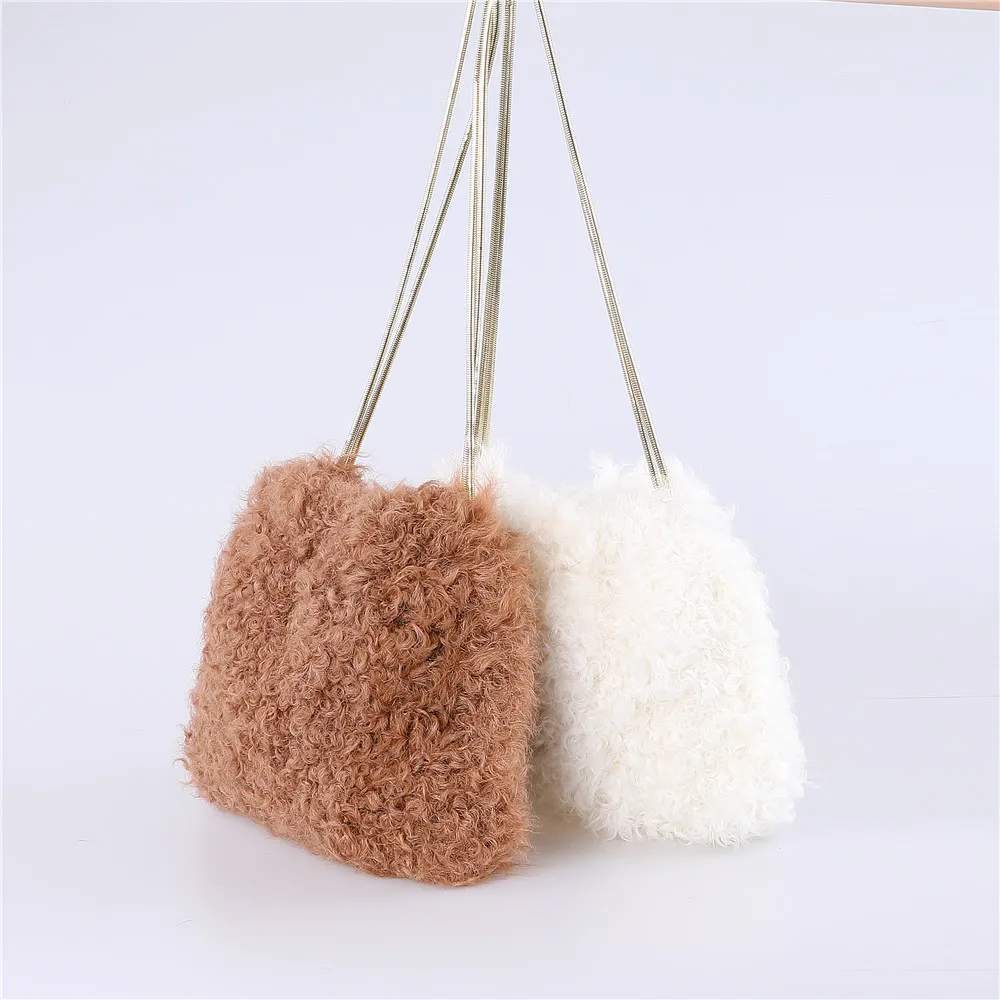 Luxury Women s Fashion Tote Bag 100% Real Curly Lamb Wool Handbags