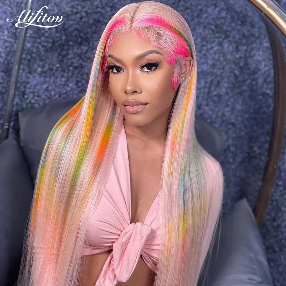 ALIFITOV-Peluca de cabello humano ondulado para mujer, postizo de encaje Frontal de Color arcoíris, pelucas con minimechones transparentes