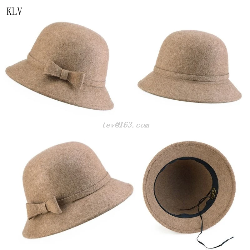 Autumn Winter Womens Vintage Style Faux Wool Cloche Bowler Bucket Hat with Bow Accent