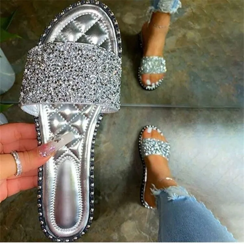 Women Bling Sequins Slippers Ladies Flat Casual Slides Open Toe Outside Soft Beach Shoes Summer Female Walking Footwear Hot