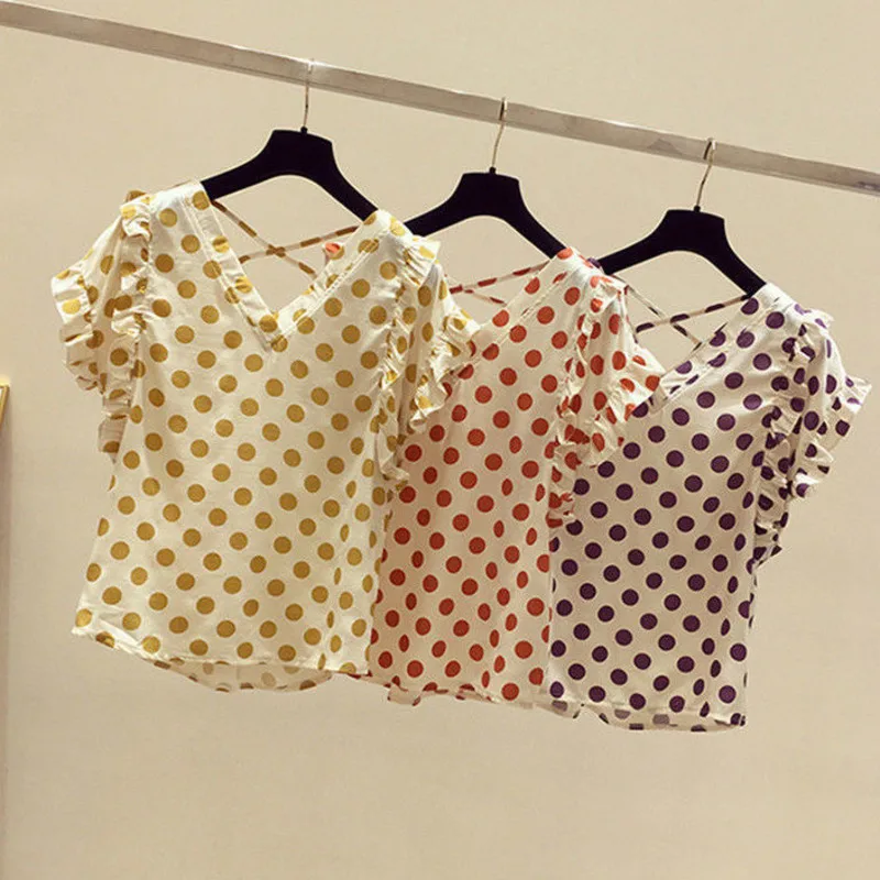

Fashion women's wide truffle shoulder lotus leaf top fashion V-neck Print Dots Vintage Sweet Elegant Chiffon shirt Tops