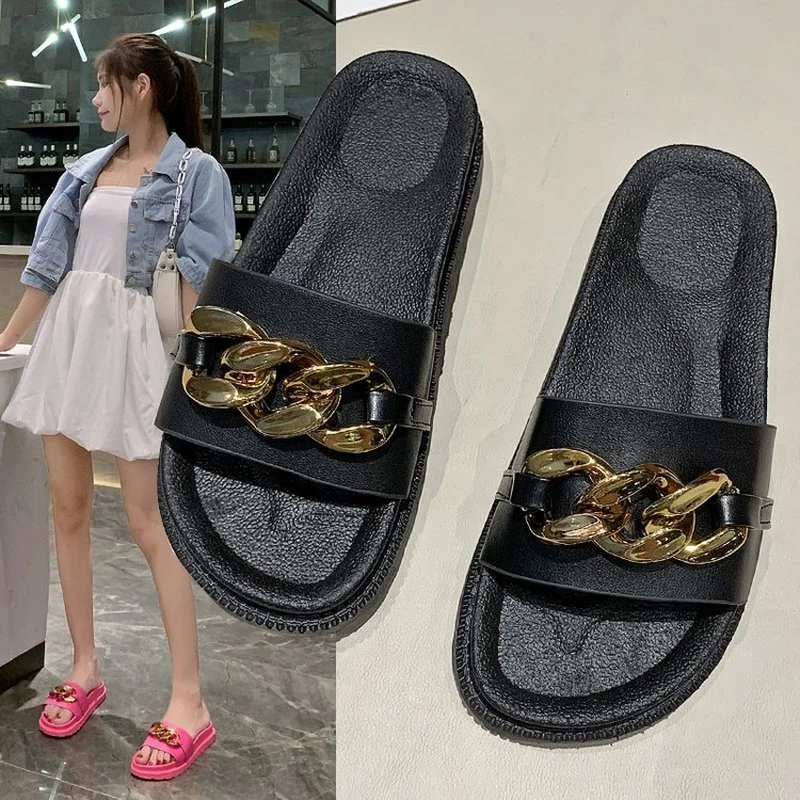 

Women shoes, golden chain decoration, flat sandals, slippers, open-toe golden chains, one-word sandals, travel summer gothic