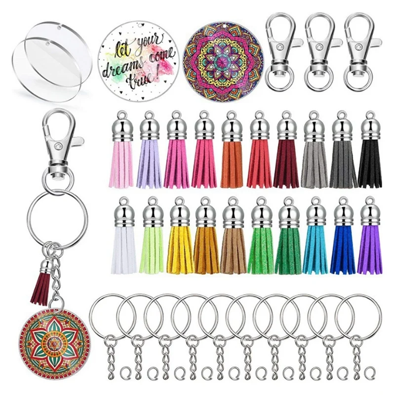 

Acrylic Keychain Blanks Transparent Circle Discs DIY Keychain Colourful Tassel Pendant Keyring for DIY Crafts