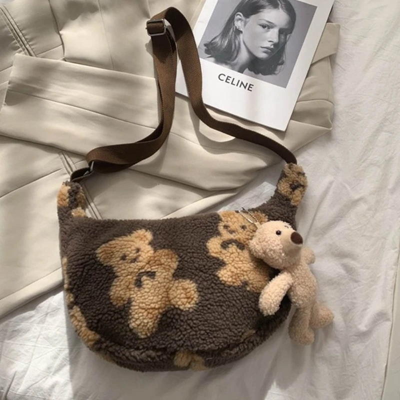 

Women Lamb Like Fabrics Shoulder Bag Fluffy Fur Bear Crossbody Purse