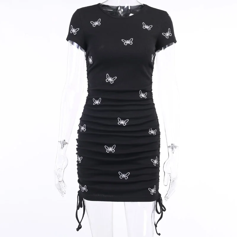 Горячая Распродажа черные платья с коротким рукавом и принтом бабочки женские
