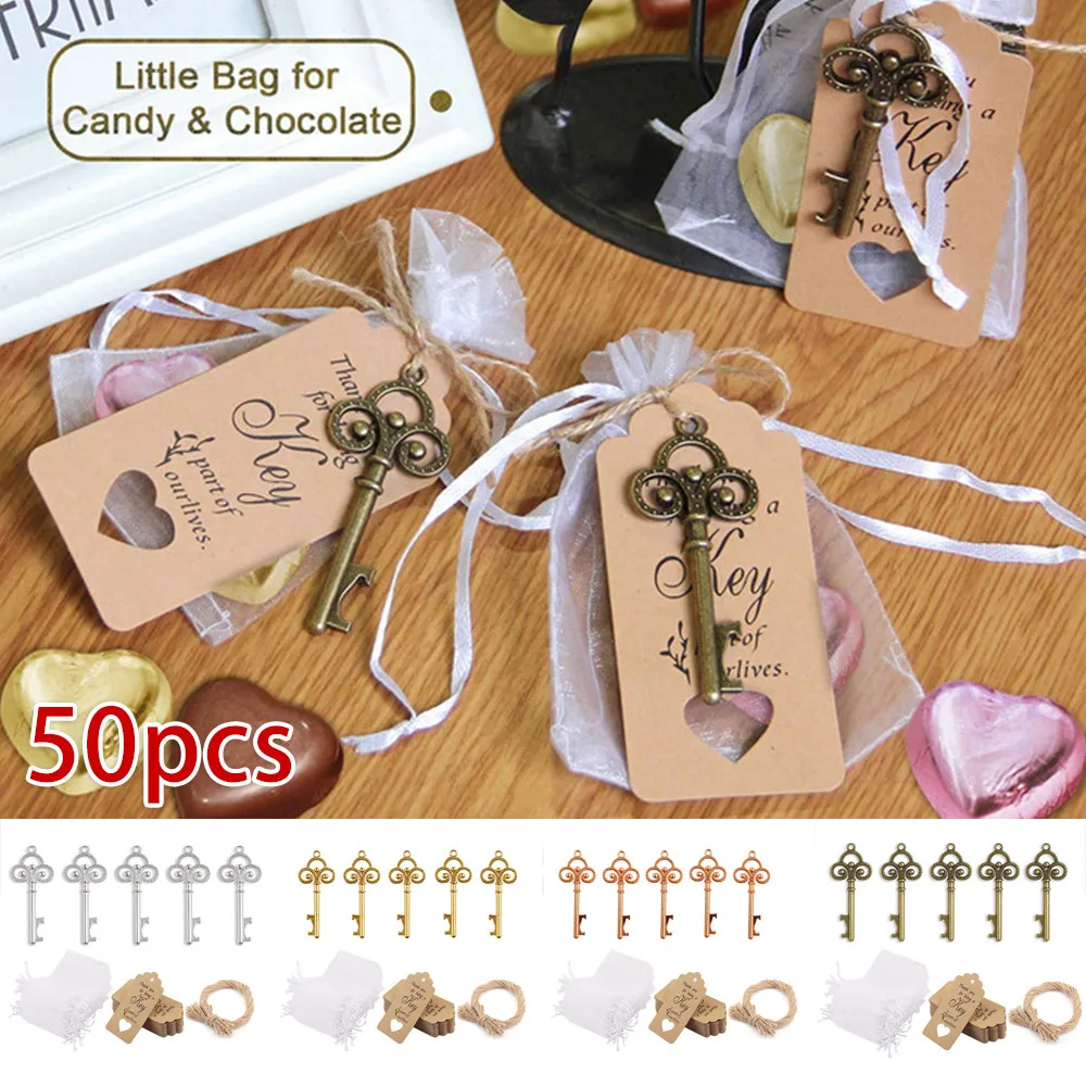 

50Set Metal Skeleton Key Beer Bottle Wine Opener Set Wine Keychain Tags Card Souvenir Decor Guests Wedding Party Favor Supplies