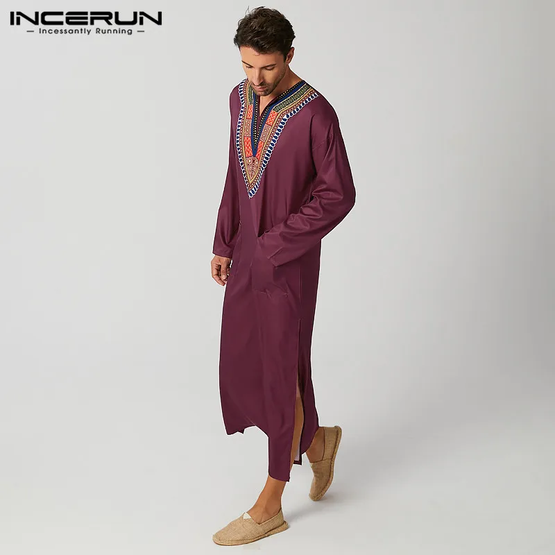 

INCERUN Loose Pockets Islamic Arabic Clothing Ethnic Style Muslim Robes Men Long Sleeve V Neck Jubba Thobe Vinatge Printed Robes