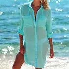 Женская длинная шифоновая рубашка, Повседневная Свободная блузка-кимоно с карманами и длинным рукавом, летняя прозрачная пляжная блузка, Новинка