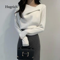 collar irregular knitted sweater women chic autumn winter elegant femme pullovers solid color simple all match tops