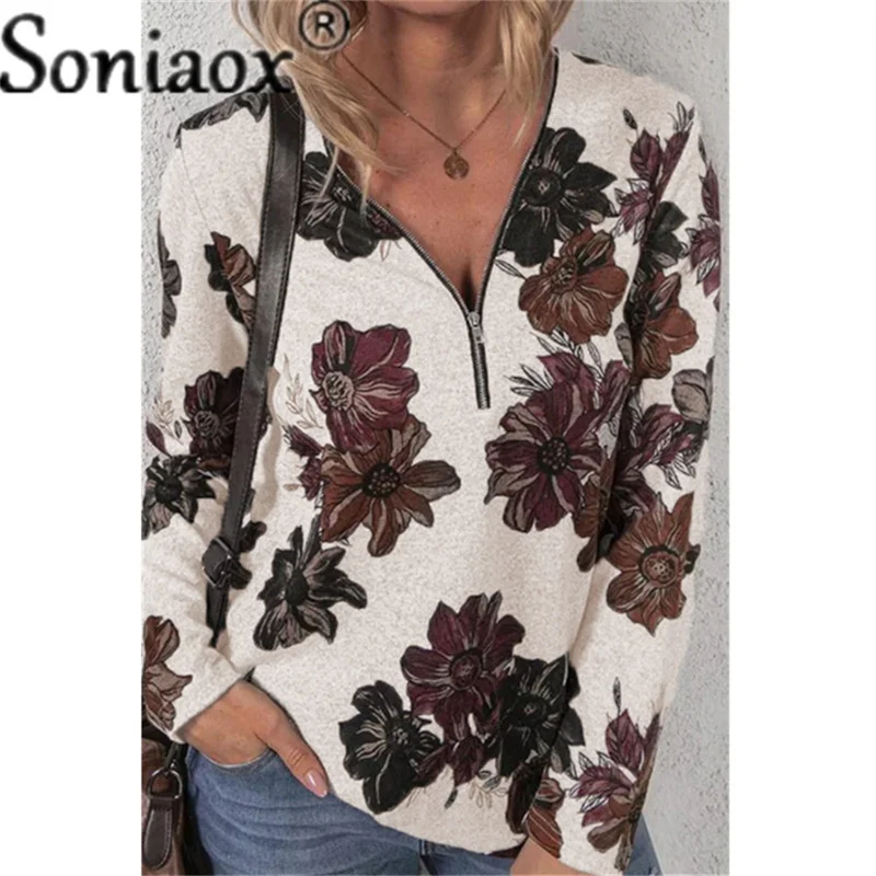 

Long Sleeve V-Neck Zipper Loose Women T Shirt Autumn Winter Casual Street Clothing Ladies Tops Floral Print Pullovers Tees 2021