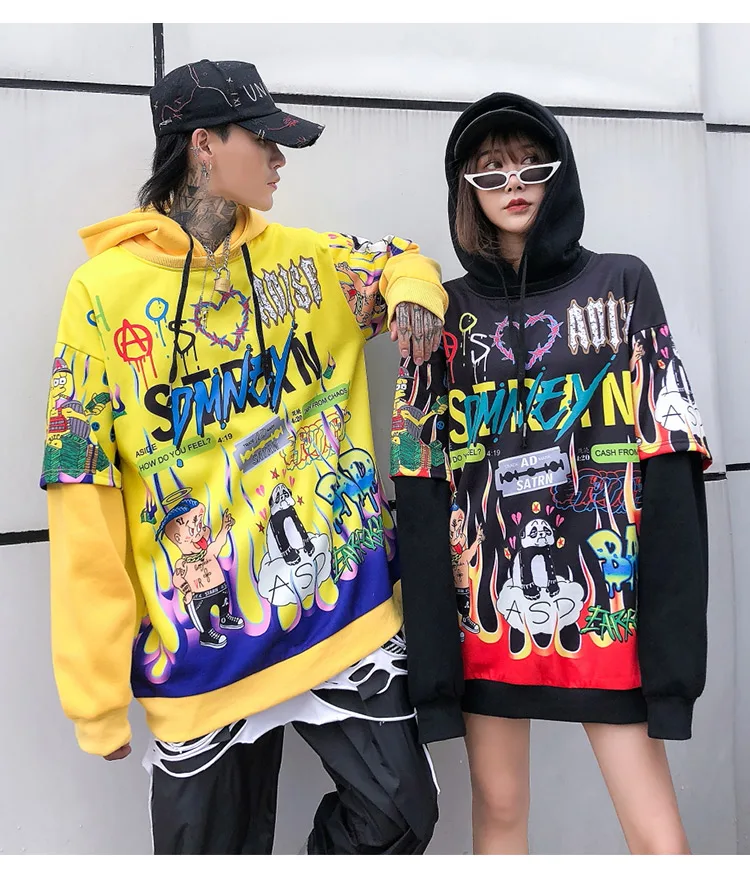 Aolamegs Hoodies Men Hip Hop Letter Print Men Pullover Cartoon Oversize Style Hooded Sweatshirt Lover High Street Streetwear