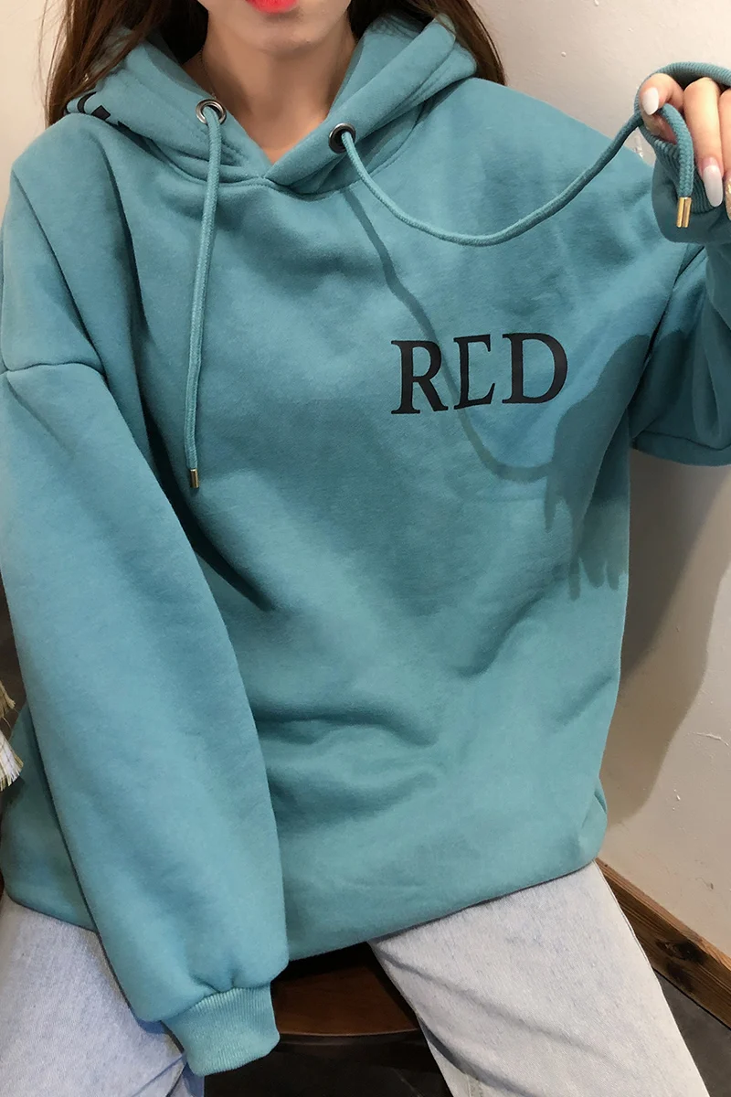 

2020 Autumn Winter Solid-Color Letter Hoodie Women Plus Velvet Thickened Korean Version of the Cartoon Loose Show Thin Large Siz