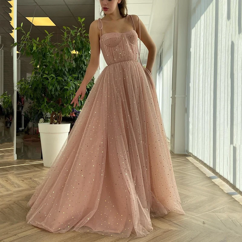 UZN розовое длинное платье для выпускного вечера Милая Спагетти ремешки звезды