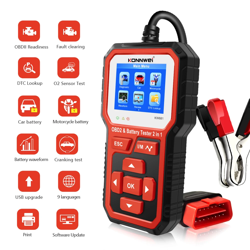 KONNWEI KW681 OBD2 Scanner Auto Diagnostic Tool 2 in1 6V 12V Car Circuit Battery Tester Full Function More Protocol Languages