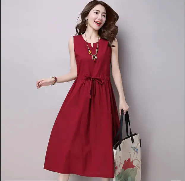 Женское летнее платье без рукавов из хлопка и льна винтажное женское с высокой