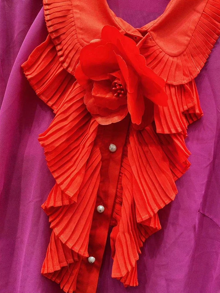 

Free shipping heavy crafts color contrast applique ruffled collar sexy hollow loose shirt ladies autumn new fashion all-match