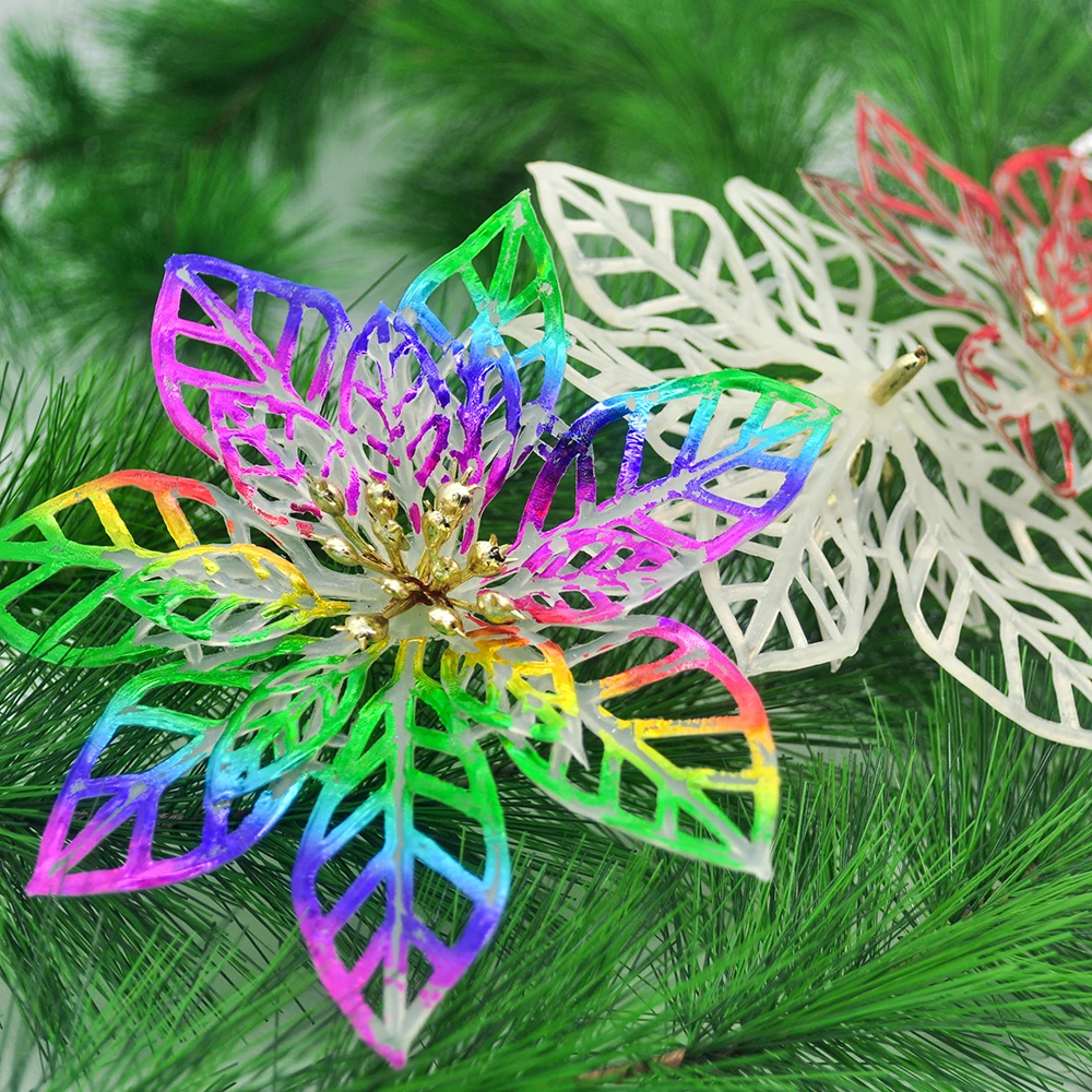 

6PCS Christmas flower hollow bronzing flower handmade DIY wedding wreath tree decoration home Christmas home decoration