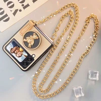 classic cute bear stand bracket case for samsung galaxy z flip crossbody long metal chain gold leather case cover for z flip 3