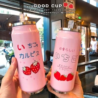 500ml cute strawberry can cup stainless steel vacuum flask portable girl fashion water bottle with straw travel coffee juice cup