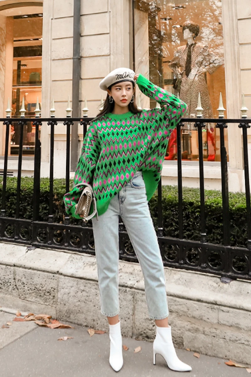 

YAMDI loose korean 2020 jumper vintage spring winter print thick pullover sweater women woman cute oversized knitted elegant