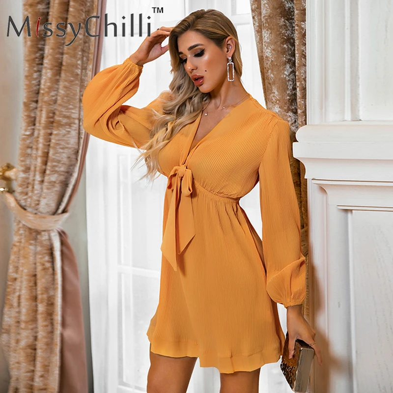 Платье MissyChilli женское желтое с рукавами фонариками треугольным вырезом на