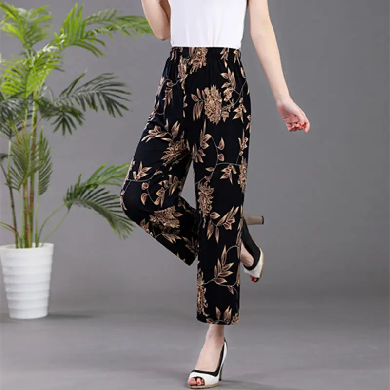 

Fashion printing casual summer straight Pants Women Elastic waist big size thin summer thin Pants Female Loose ladies trousers