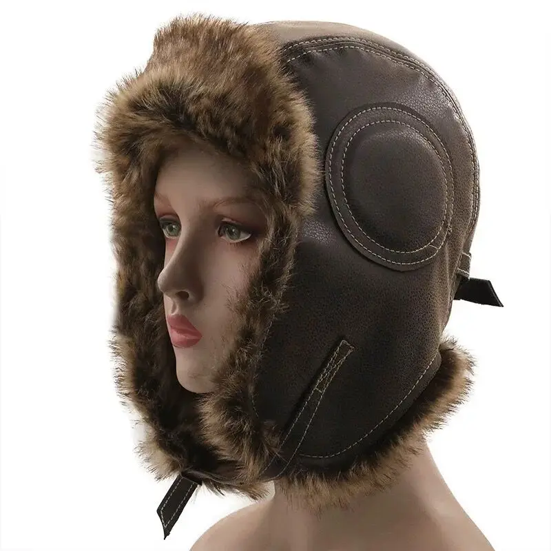 Ушанка-ушанка теплая меховая шапка кожаный армейский шлем Авиатор Мужской