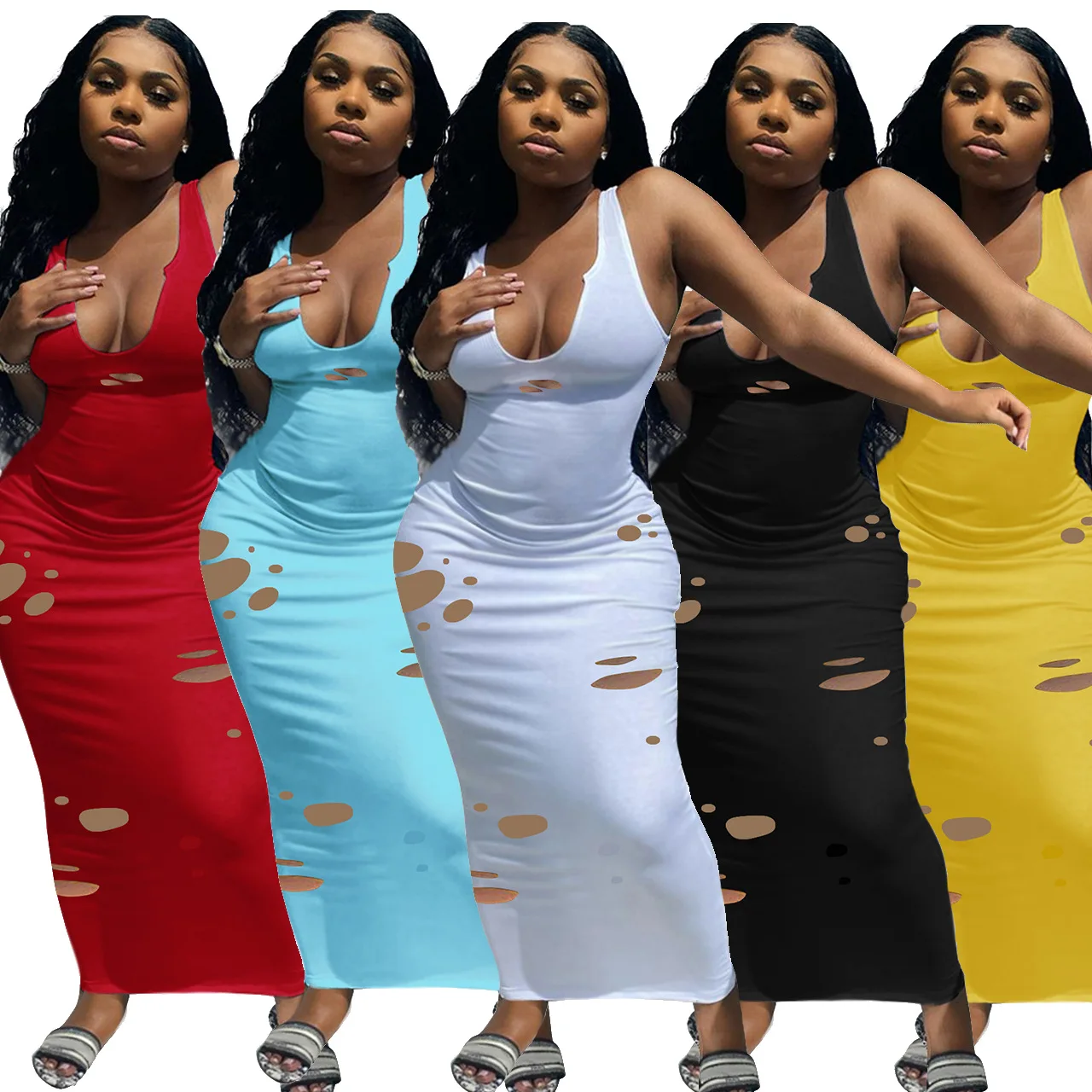 

Hollow Out Deep V Neck Sleeveless Tank Dress Women Fashion High Waist Night Club Party Dress Fashion Solid Long Holiday Vestido