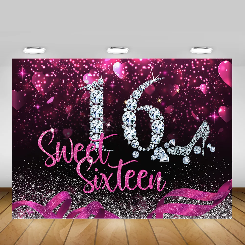 

Sweet 16 Birthday Backdrops for Party Pink Sixteen Adult Ceremony Photography Background Glitter Diamonds Decoration Photobooth