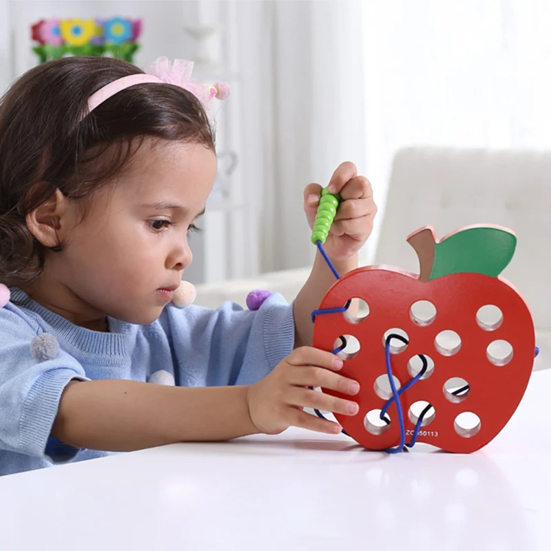 

Children Montessori Educational Toys Worm Eat Fruit Apple Wooden Toys Watermelon Threading Toy Travel Block Puzzle Toys For Kids