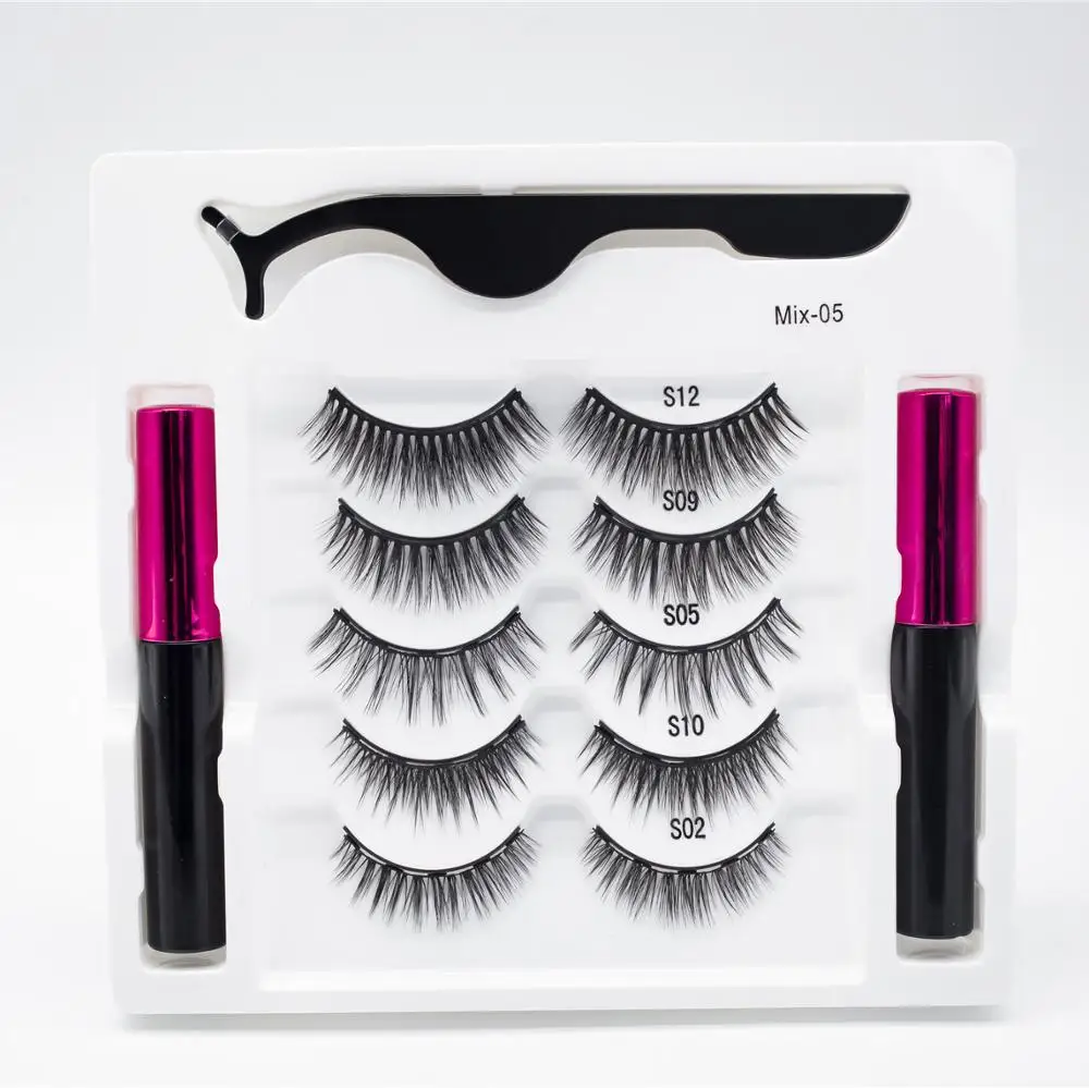 

3D Magnetic Eyelashes 5 Pairs Set With Tweezers 2 Eyeliner Waterproof High Quality Magnetic Lashes Synthetic Makeup Sets Beauty