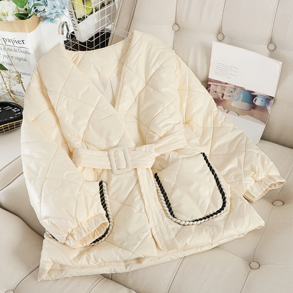 Осенне зимние новые элегантные парки с v образным вырезом и поясом женская