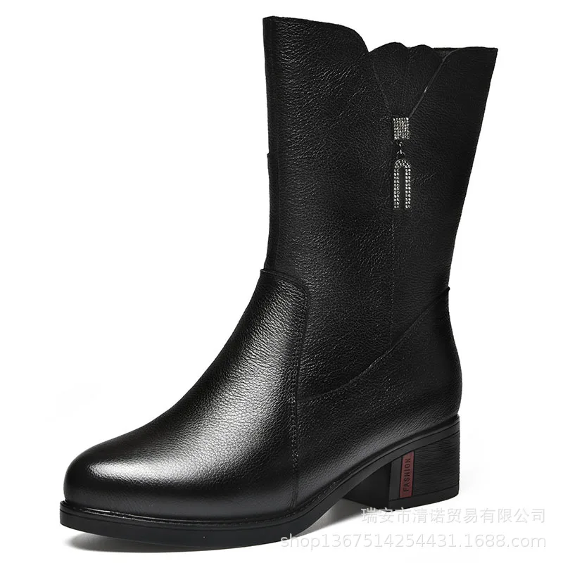 

Ботинки женские из натуральной кожи, со стразами, на толстом каблуке, Осень-зима